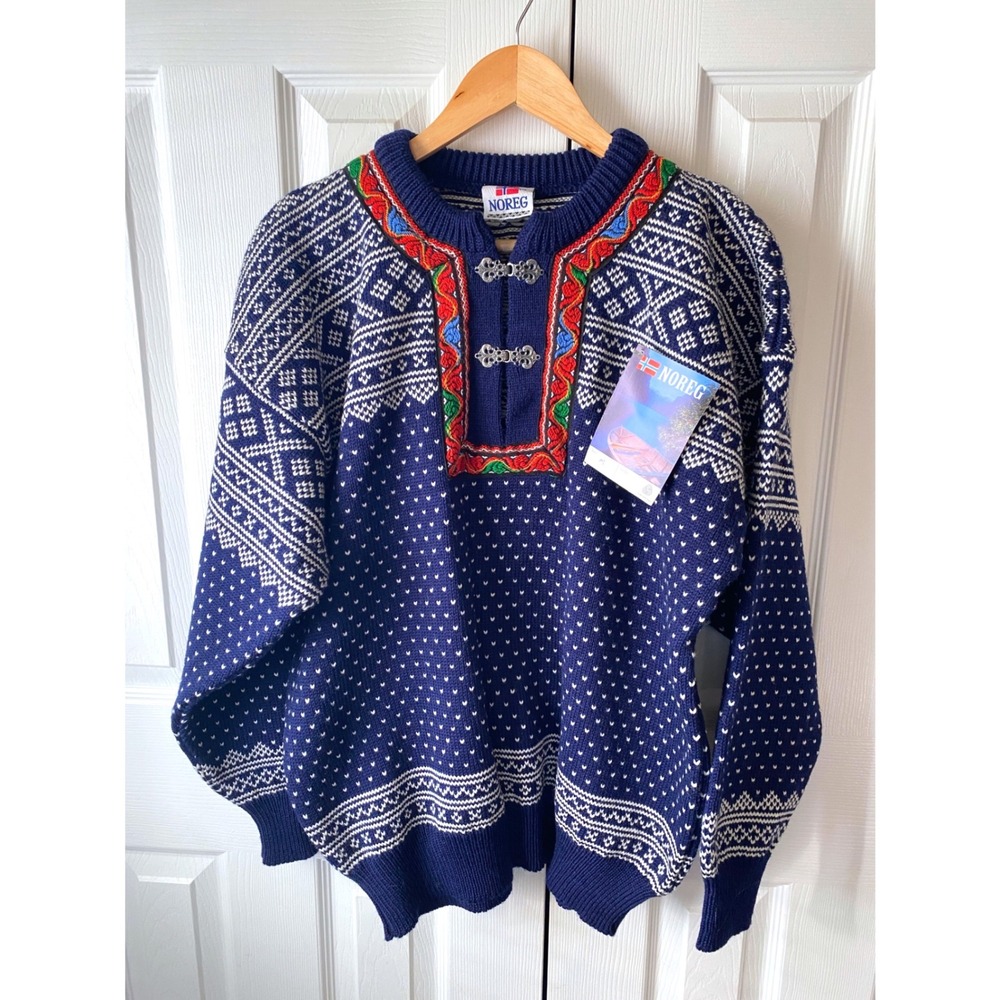 🆕DEADSTOCK! VINTAGE NOREG Navy Norwegian Setesdal Lusekofte 100% Wool Sweater M
